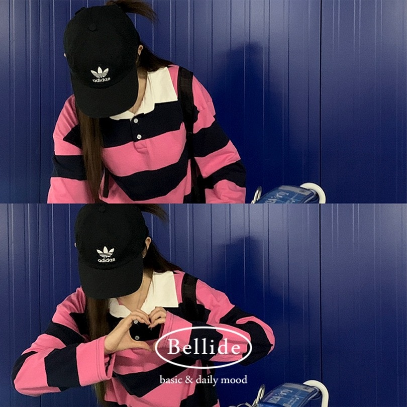 韓国の女性ファッション/ [MADE] ラグビーストライプ長袖ポロTシャツ ts1314