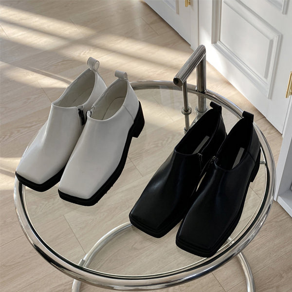 フラットシューズ ローファー スクエアトゥ サイドジップ 黒 白 ブラック ホワイト