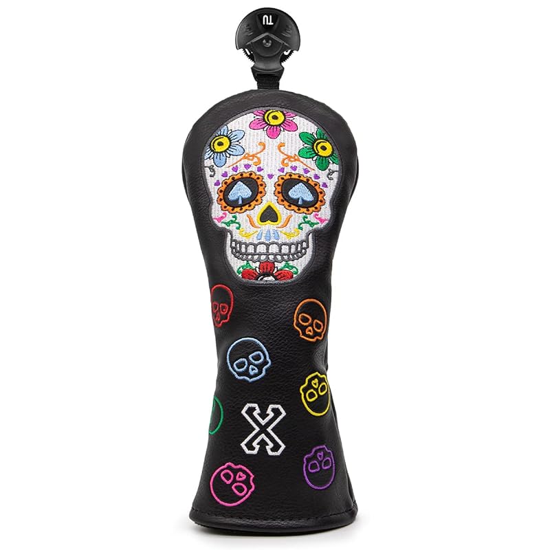 ゴルフクラブヘッドカバー ウッドカバー ドライバー フェアウェイウッド ユーティリティ ハイブリッド用ヘッドカバー 番号タグ付き ゴルフヘッドカバー PUレザー製 おしゃれ カラフルスカル刺繍 ブラッ