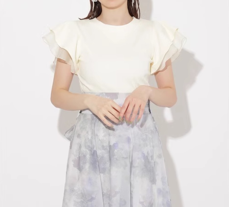 レディース トップス カットソー Tシャツ 半袖 フリル袖 ハイネック クルーネック タイト スリム 細身 フェミニン ウエストマーク 伸縮性 かわいい 大人可愛い きれいめ シンプル カジュアル