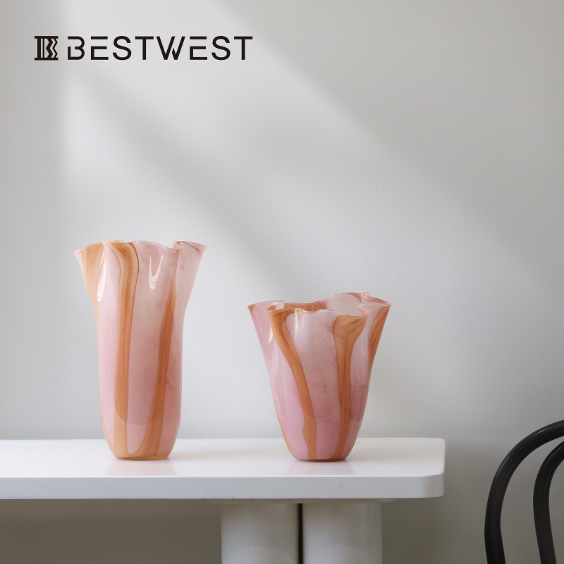 キャンディ色縦縞ラッパフラワー手作り水耕ガラス花瓶インテリア花器