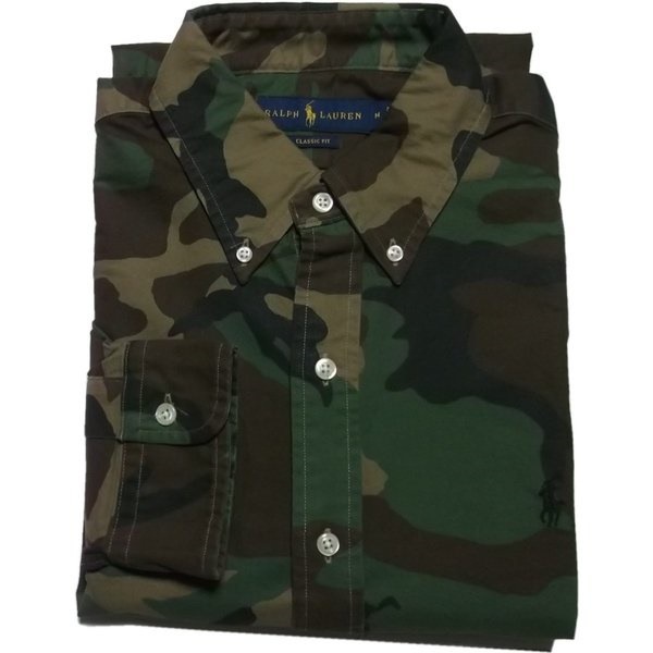 長袖 ワンポイント ボタンダウンシャツ カモフラージュ 迷彩 グリーン PR2-1349