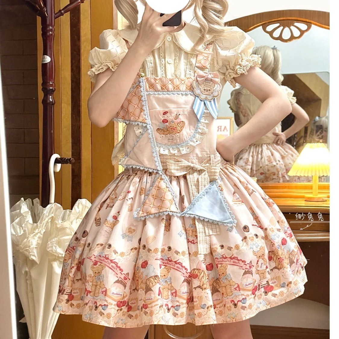 ロリータ小熊ボンニ白茶物語オリジナルデザインロリータストラップスカートロリータキュートショート丈ワンピースメイド服