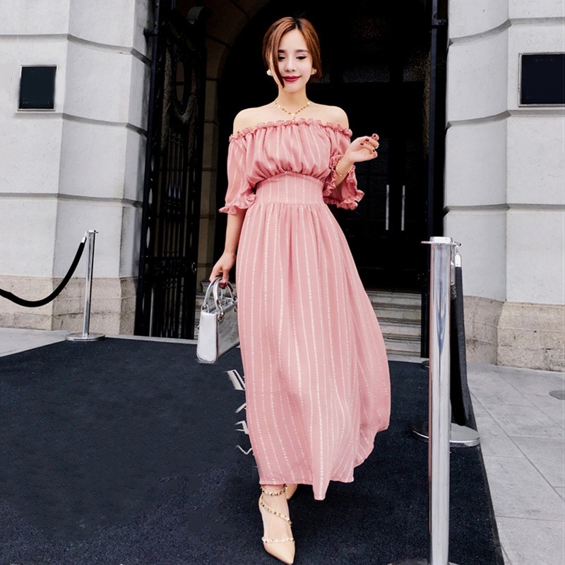 1440.ストライプオフショルダーワンピース（ピンク）マキシ丈ワンピース フリル バルーン袖 リゾート ドレス 春夏 sale シフォン 2019 春夏 sale 女子会 パーティー お呼ばれ