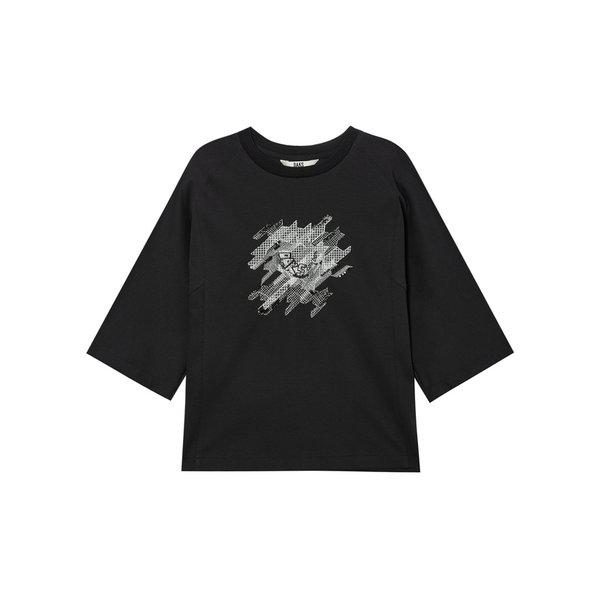 [24FW] [価格引き下げ]ブラックハウンドトゥース装飾綿混紡7分袖Tシャツ DLTS4C701BK