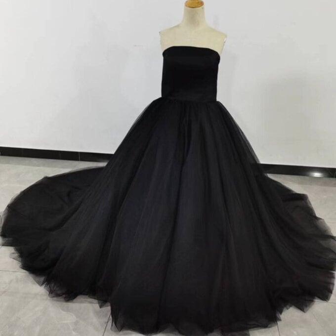 カラードレス 黑 オーガンジー ベアトップ トレーン 前撮り 2次会