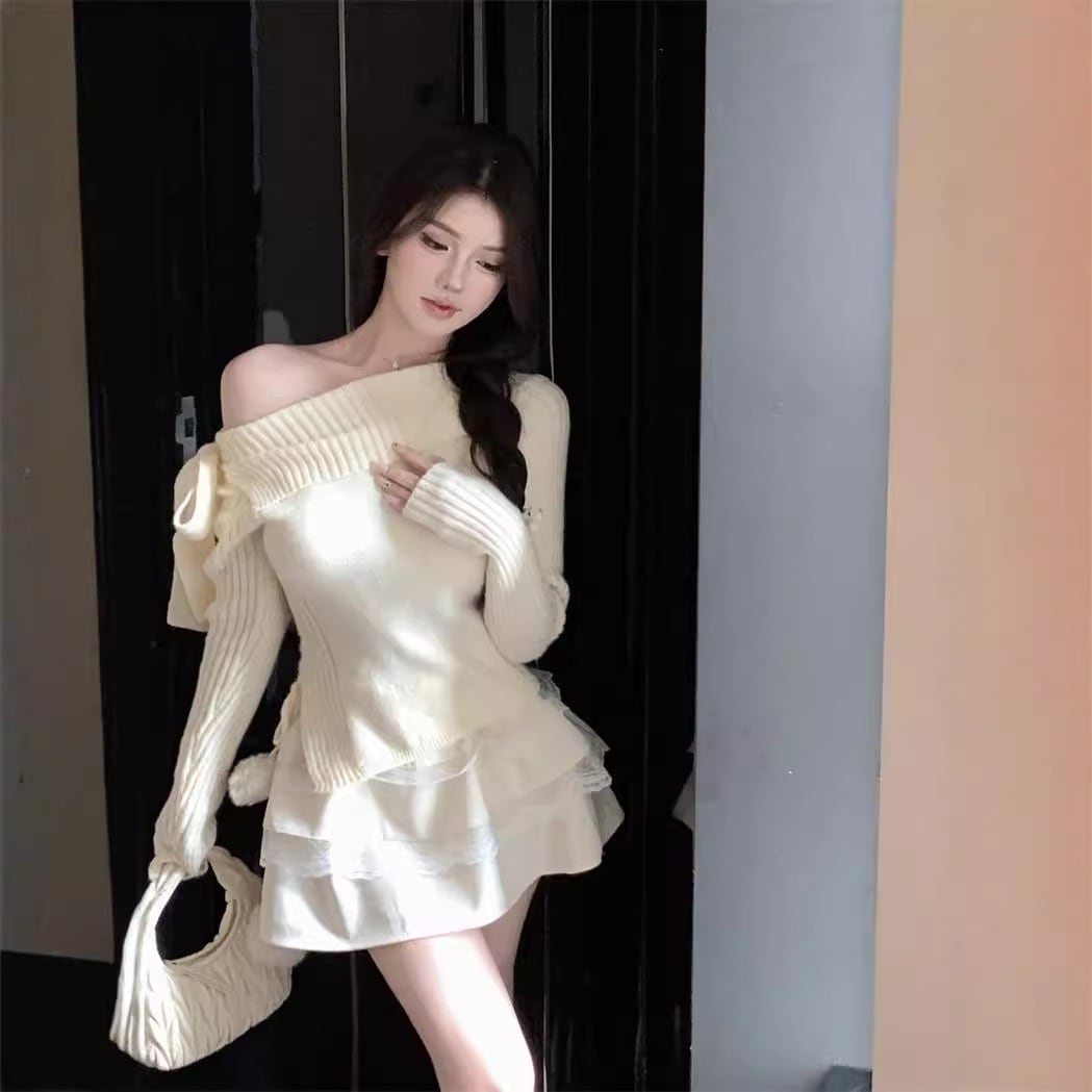 【1つ買うと10つ無料】ショルダーニットニットニットニットジャケットケーキふくらんでいるスカート純粋な欲望スタイル女性