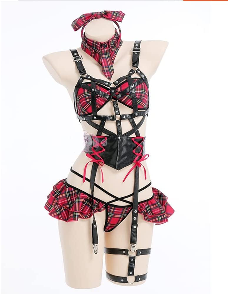 先輩が来た チェックデザイン 学院風 PU革 縛り セット セクシー 情趣 エロ 撮影