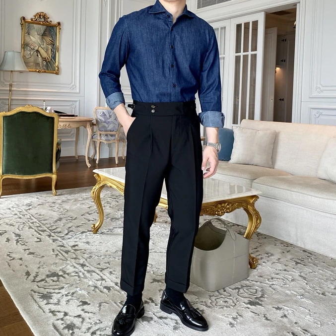 INSスタイル 英国パンツ レトロ ビジネス カジュアルパンツ 九分丈パンツ ロールエッジ ロング