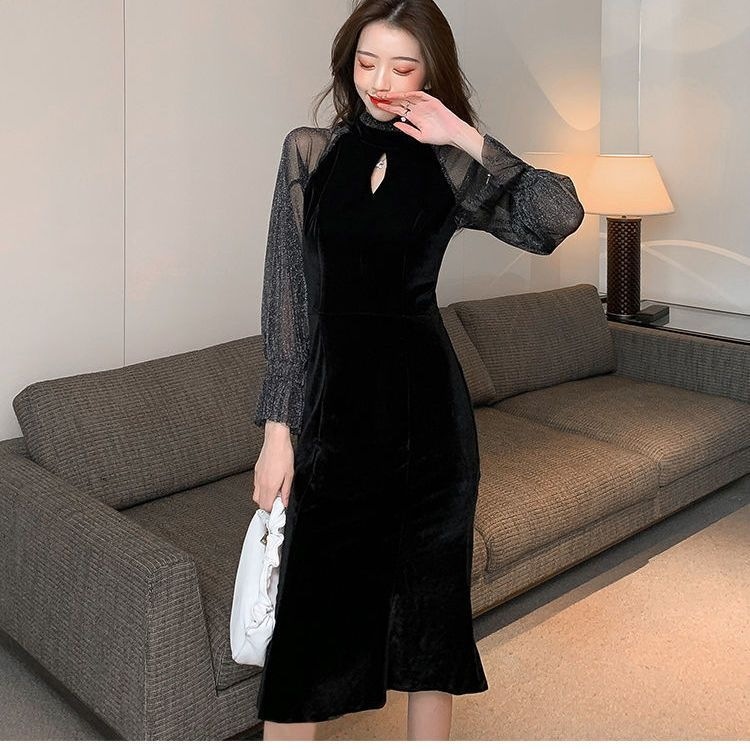 大人セクシー シースルー パーティードレス ロングワンピース フォーマル ドレス 黒 ウエストマーク スリム フィット 個性的 韓国 レディース オールシーズン 秋冬 春夏 卒業式 卒園式