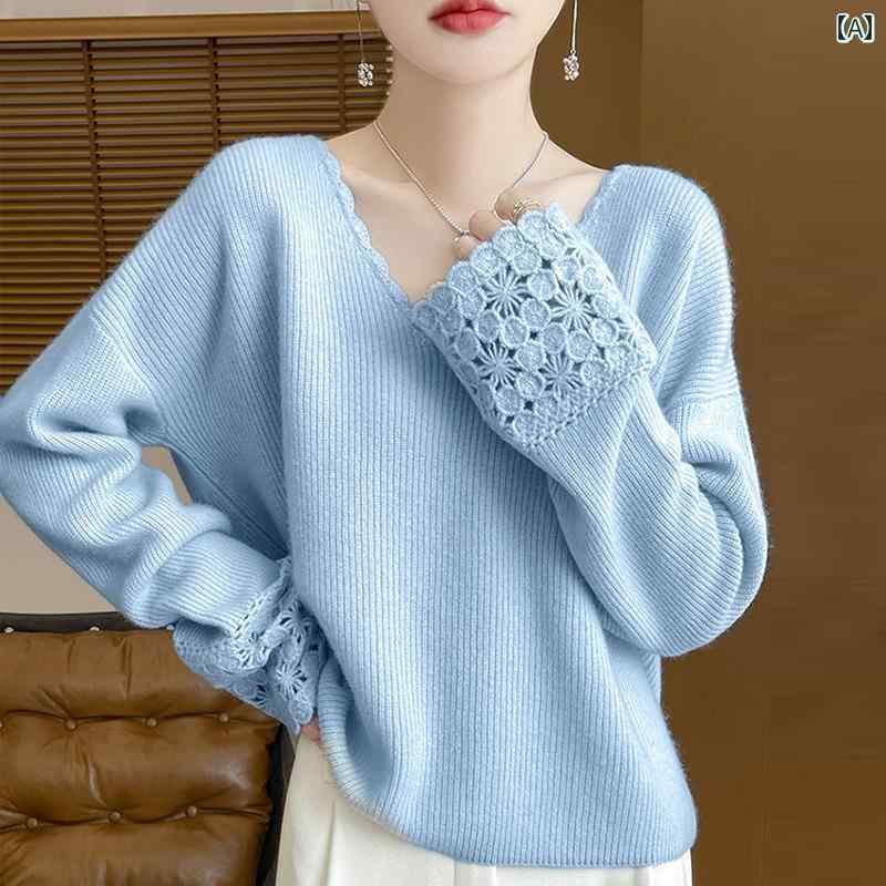 レディース ニット セーター 秋冬 春 Vネック 韓国 ウール 長袖 プルオーバー 青 ピンク 白 シンプル 普段使い 大きいサイズ 柔らかい おしゃれ 花柄