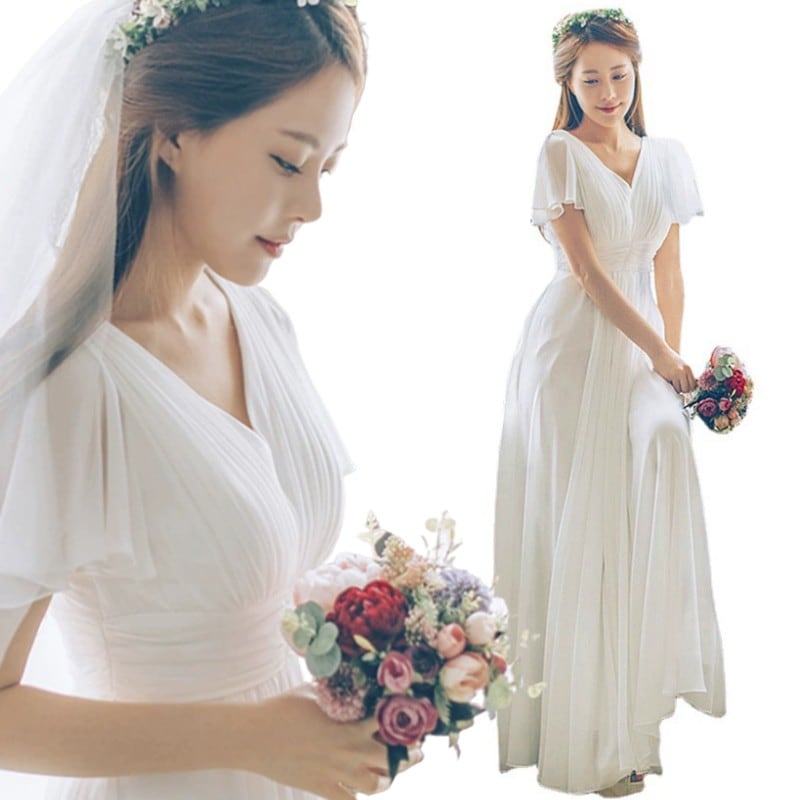 ウェディングドレス ウエディングドレス フレア袖 二次会ウエディングドレス 花嫁ドレス 二次会 スレンダータイプ Aライン 編み上げ 前撮り 披露宴 結婚式 海外挙式 袖あり オーダーメイド可能