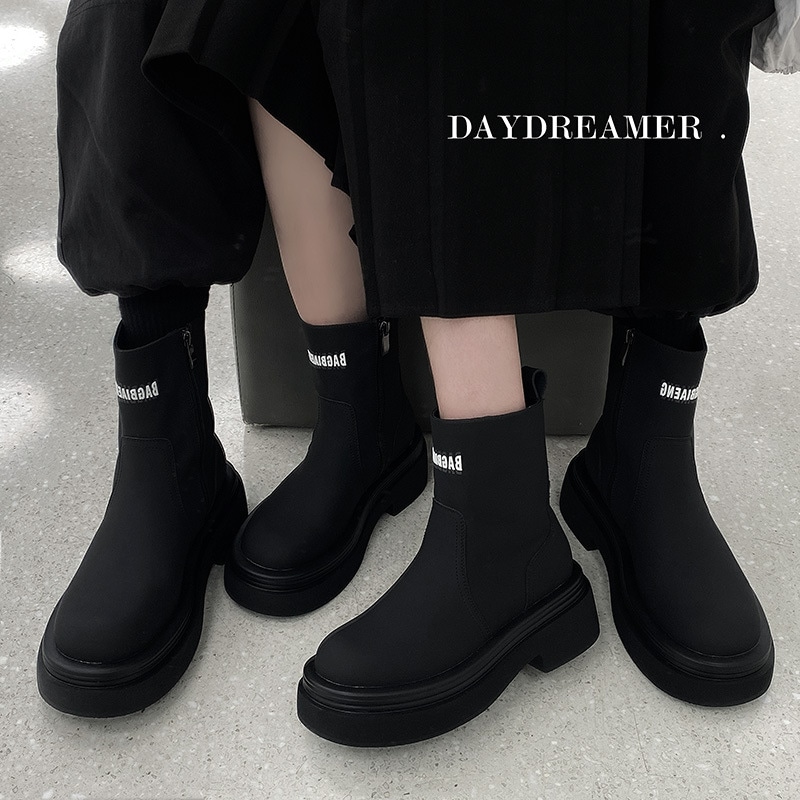 本革ブーツお洒落牛革ブーツ男女兼用身長アップ リボン 防水 6cm台 厚底 ショートミドルブーツ