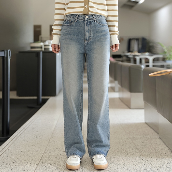 [韓国ファッション] ウォッシング セミワイドフィット ストレート デニムパンツ