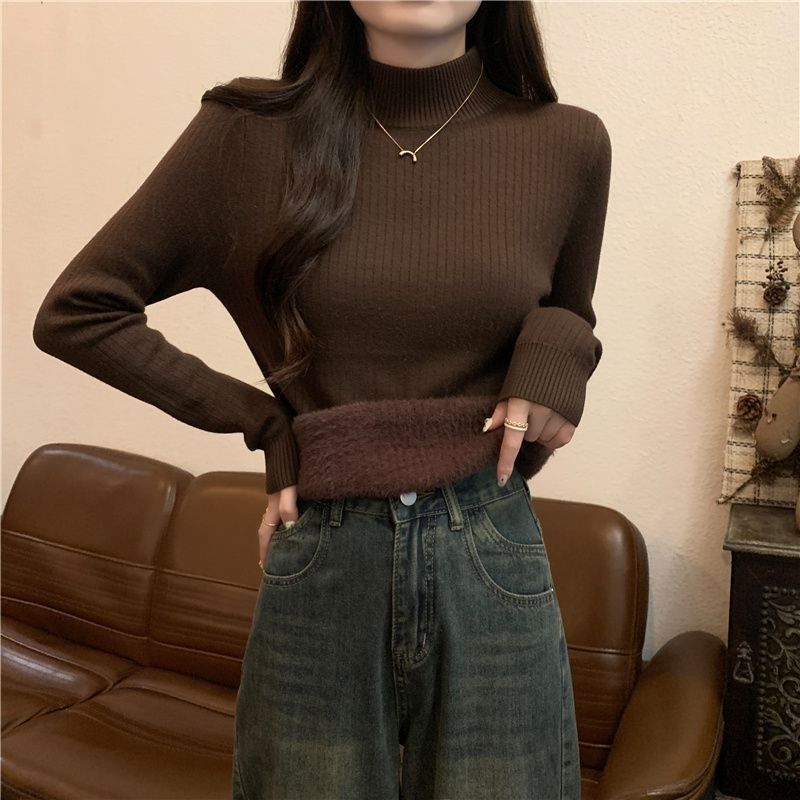 レディースワンピースフリースセーター2025年秋冬新作セミハイネック長袖ベースニットセーター厚手で暖かいインナートップス