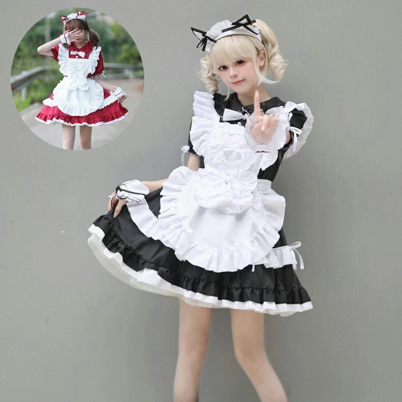 「新品販売」B326「即納」半袖メイド服 可愛いメイド服 大人用コスチューム メイドコスプレ セクシー ハロウィン衣装 ワンピース+エプロン+カチューシャ ウェイトレスコスプレ メイド喫茶 萌え 舞台