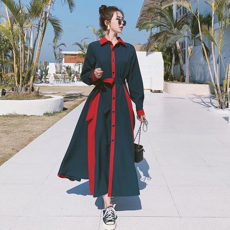 実際の2024韓国版春と秋の新緑のフレンチシャツワンピースウェスト膝丈森スカートの感覚