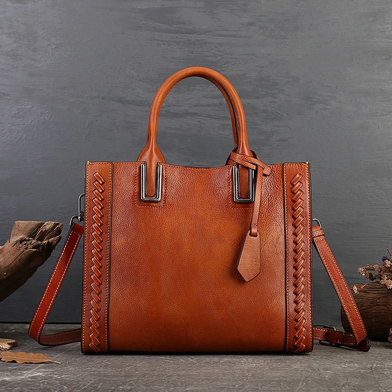 100%牛革本革手作りたて2wayショルダーバッグコーヒーブラウン出掛けバッグミニ レトロトートバッグ品質　おしゃれ通勤ビジネス