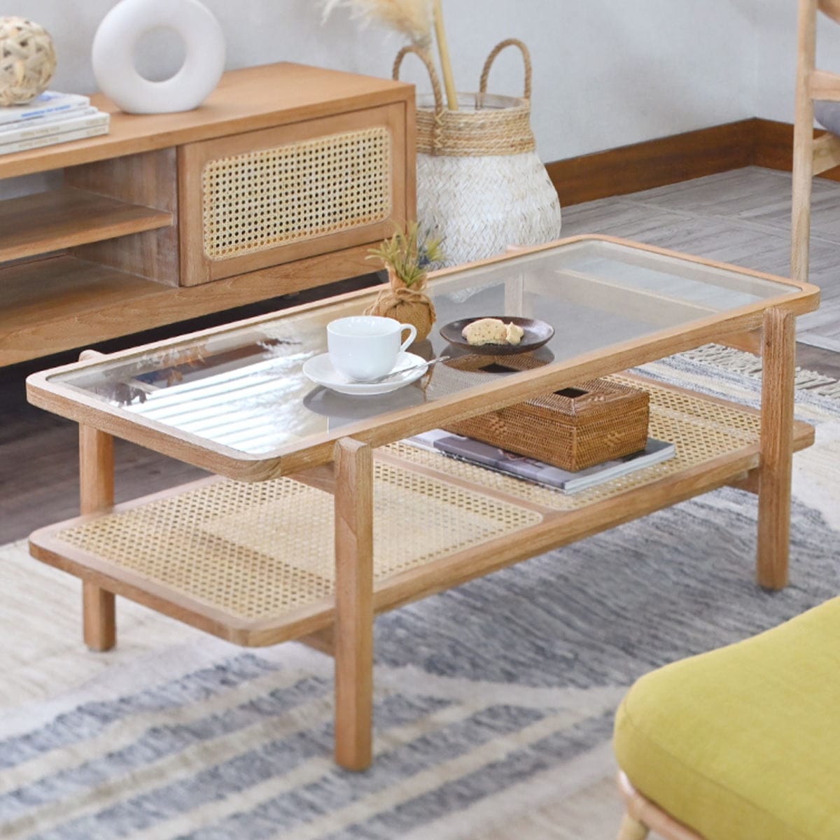 センターテーブル ラタン チーク無垢材 KAGOME 100cm幅 ローテーブル コーヒーテーブル 机 つくえ 籐編み かごめ 天然木 籐製 リビングテーブル ガラステーブル ガラス天板 木製