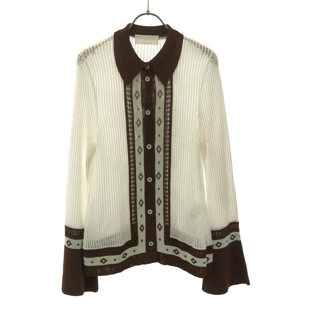 マメクロゴウチ 日本製 ダイヤ柄 長袖 メッシュ ニットカーディガン 2 ブラウン×ホワイト Mame Kurogouchi レディース