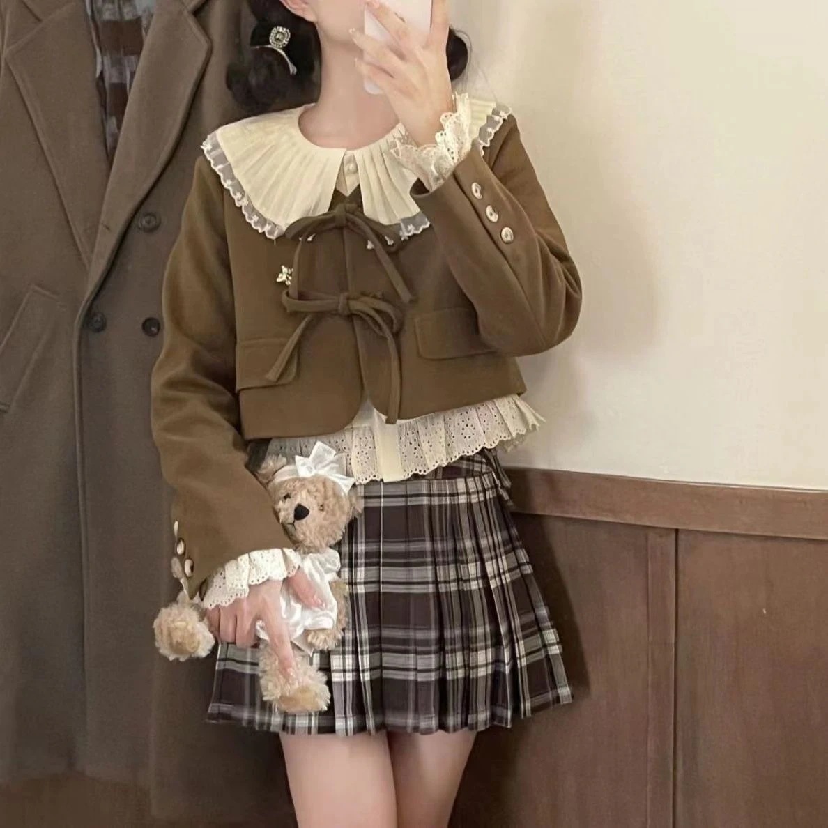 マキシスカート【3点セット】リボンショート丈ツイードコート＋シャツ＋プリーツ秋スーツ女子学生脚魅せミニスカート脚魅せミニスカート