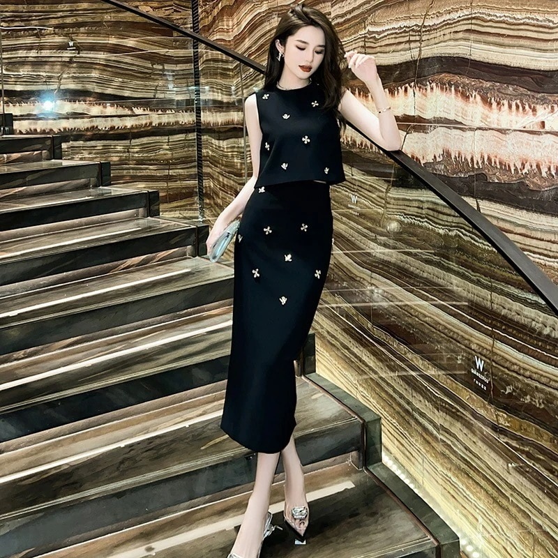 【JY.上品】 夏 上下セット ダイヤモンド飾り ハイウエスト ベスト+スカート パーティードレス キャバ 着痩せ 大人 同窓会 披露宴 卒業式 結婚式 演奏会 ウェディング 二次会 発表会30%まで