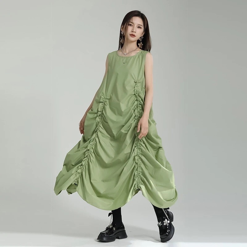 【J.Fashion】 夏 ノースリーブ ワンピース 皺 巾着 袖なし レディース ロングワンピース 関連商品は店で購入可能30%までに制限