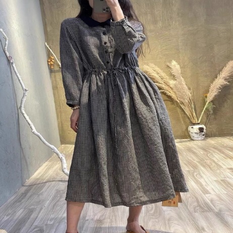 レディース ワンピース プルオーバー ドレス シャツワンピ 膝下 ミモレ ミドル丈 長袖 襟付き ポロカラー ワイド フレア セミフレア ストレート ウエストリボン 透け感 ボタン 綿 コットン 4,844円