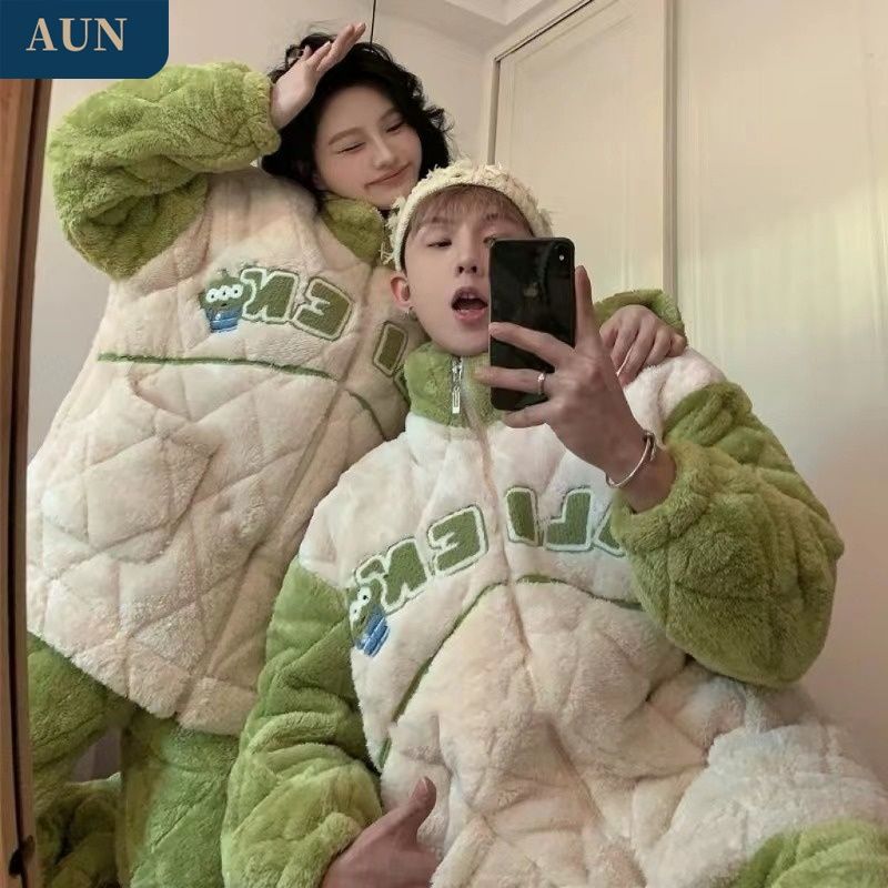 AUN三眼仔サンゴの絨毯三層綿カップルのパジャマ冬の超厚保温家庭服セットは外着ができます