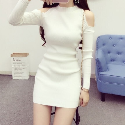 オフショルダー ニットワンピース 全7色 ミニ丈 ショート丈 膝丈 袖あり 長袖 リブ タイト スリム 細身 セクシー 肩出し かわいい 可愛い きれいめ シンプル カジュアル おしゃれ