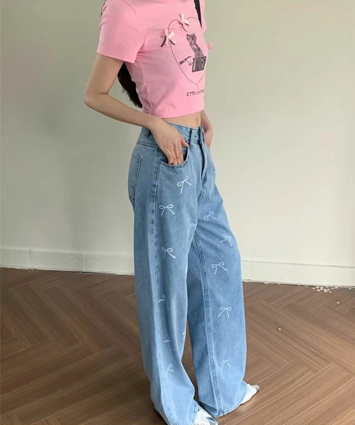 リボンデザイン デニムパンツ レディース ジーンズ デニム パンツ ハイウエスト リボン カジュアル ストレート ストレートジーンズ お洒落 可愛い 春 夏 ブルー 青 韓国ファッション