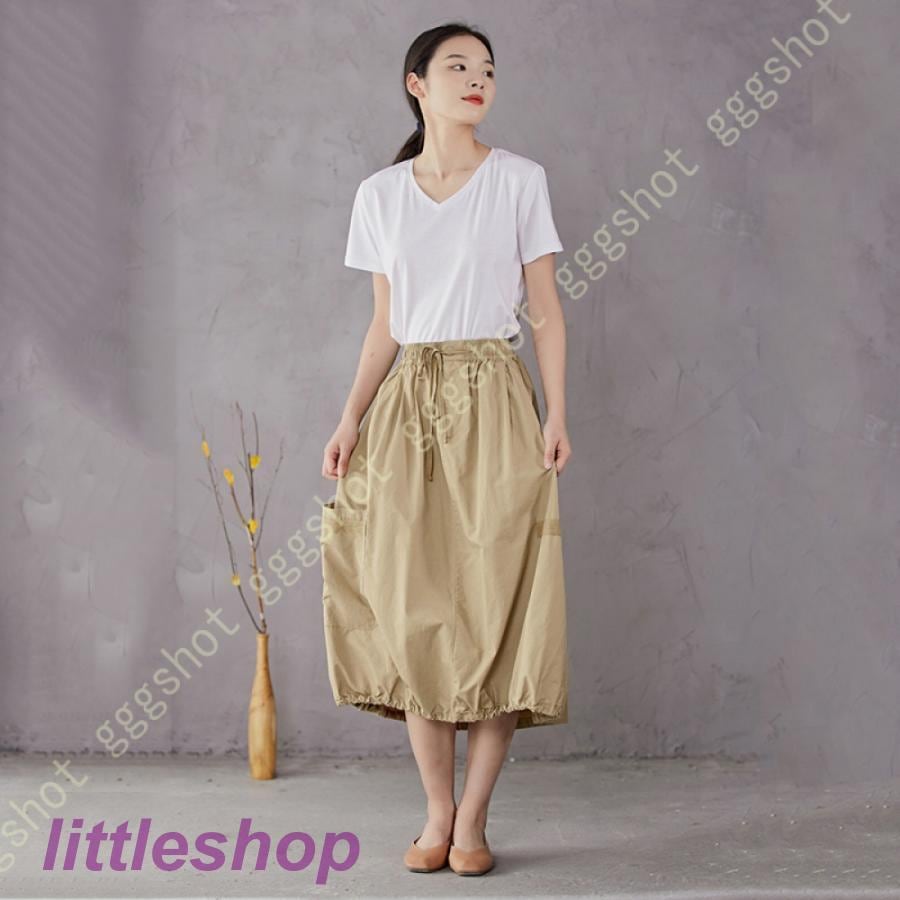 新品掲載!バルーンスカート ロングスカート 薄手 綿麻 ハイウエスト ゆったり 着痩 ウエストゴム スカート レディース マキシスカート ふんわり かわいい プリーツ