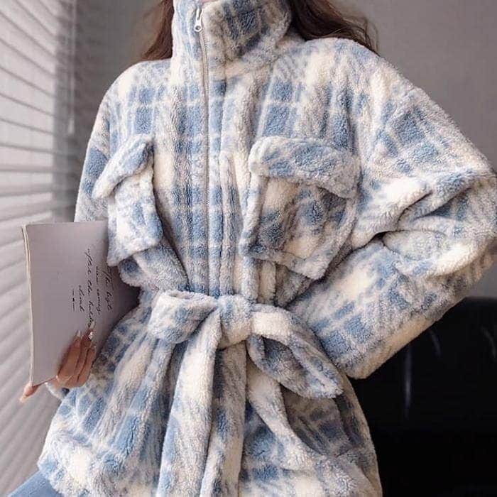 コート チェック柄 スタンドカラー リボン 長袖 Aライン コート ブルー 水色 アウター レディース 大人 お嬢様 上品 きれいめ オシャレ 人と被らない 他と被らない防寒
