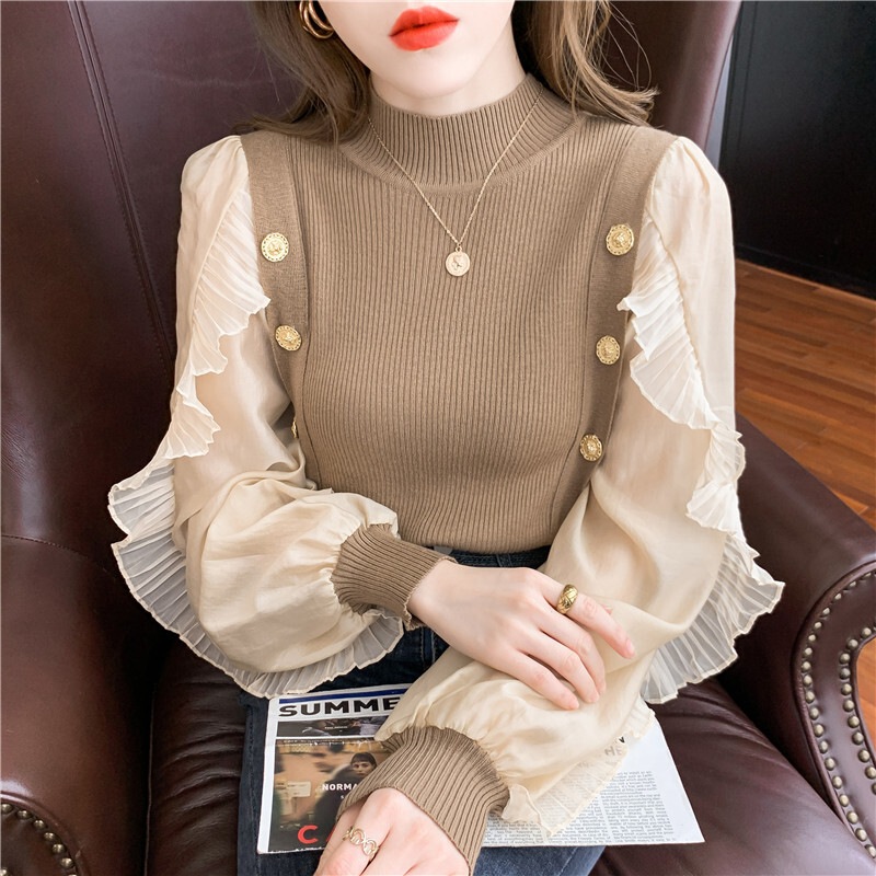 トップス ブラウス カットソー ニットソー セーター 袖あり 長袖 タートルネック ハイネック 切り替えデザイン シフォン フリル ドッキング ニット 薄手 かわいい 大人可愛い きれいめ 大人
