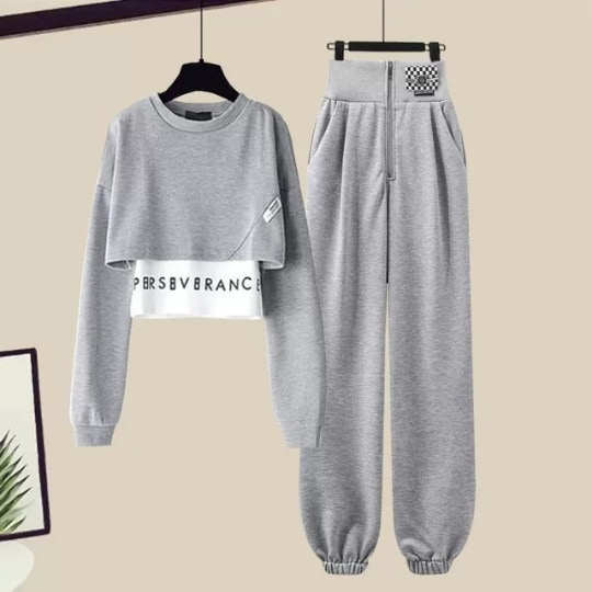 2024人気新作スウェットセットアップレディース春服韓国ファッション長袖tシャツカジュアルワイドパンツ上下二点セクシーウエスト引き締めトップス