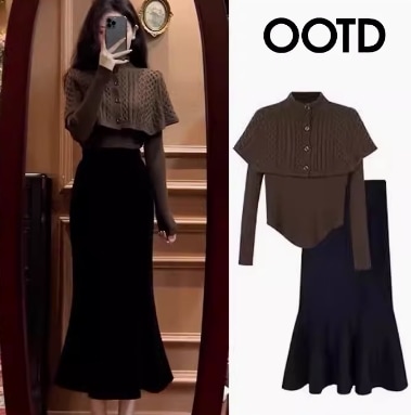 レディース スカート トップス ボトムス ニット プルオーバー セットアップ 長袖 細身 マーメイド フェミニン 切り替えデザイン ニット ケーブルニット 大人可愛い きれいめ シンプル カジュアル