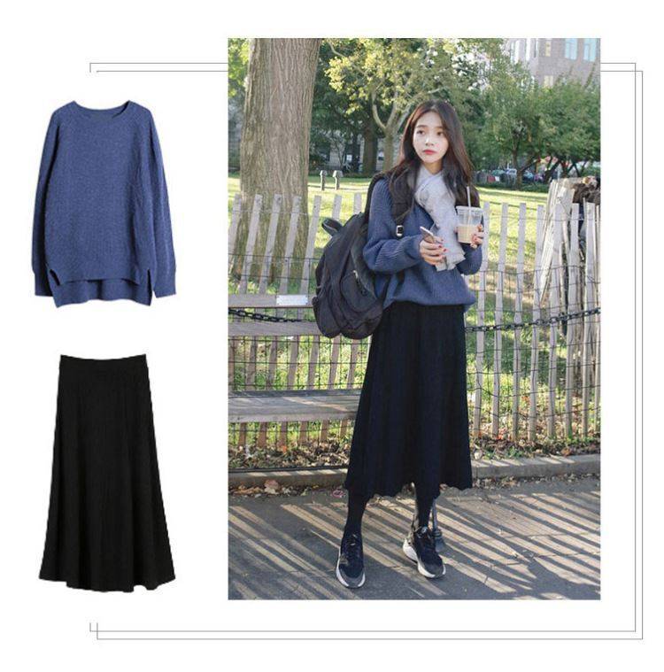 セットアップ ニット セーター スカート 大きいサイズ レディース 秋 冬 トップス 膝丈 長袖 ラウンドネック フレア ウール 上下 2点 セット 大人 可愛い シンプル カジュアル お洒落 デート