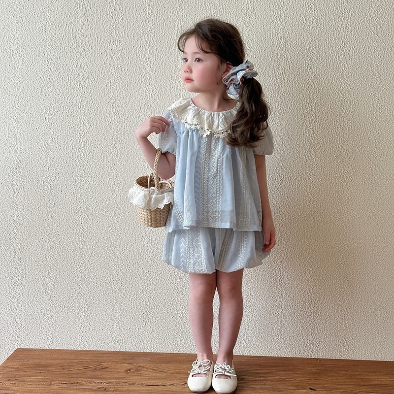 2025新作人気最安値保証女子スーツ夏新しい子供トップスショーツ2点セット上下セット品質良い