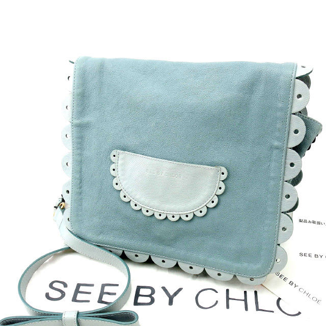 ショルダーバッグ チェーンショルダー リボンモチーフつき ブルー 中古