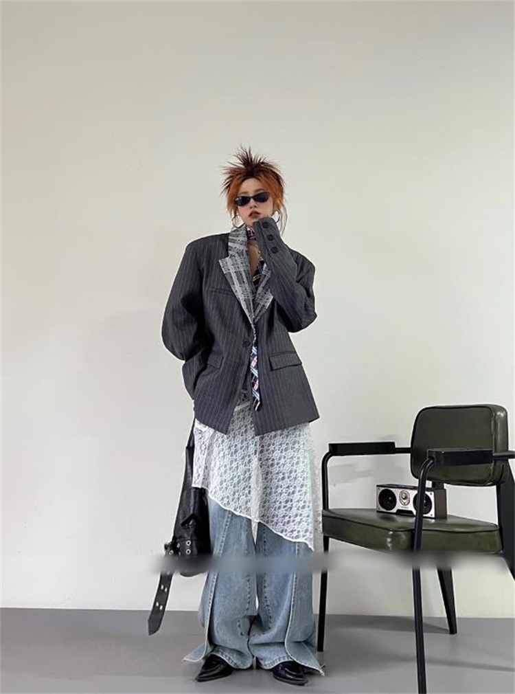 韓国ファッション 2025年春夏秋 レース衿デザイン ストライプ カジュアルジャケット