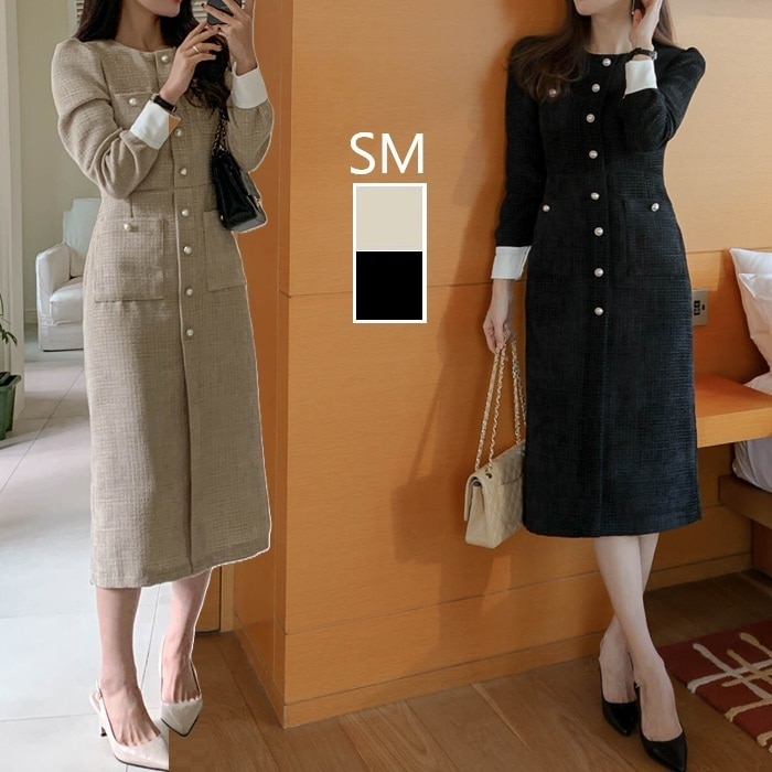 ワンピース 結婚式 袖あり ツイード ロングワンピース きれいめ