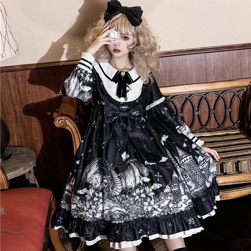 二次元 メイド服 Lolita オリジナルダークゴシック風長袖OPワンピースガーリープリンセススカート 文化祭