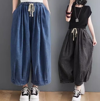 レディース パンツ ボトムス デニム Gパン 膝下 ロング 丈長 ワイド ポケット ウエストゴム ダメージ ウォッシュ ブルーデニム 薄手 シンプル カジュアル こなれ感 ラフ マニッシュ