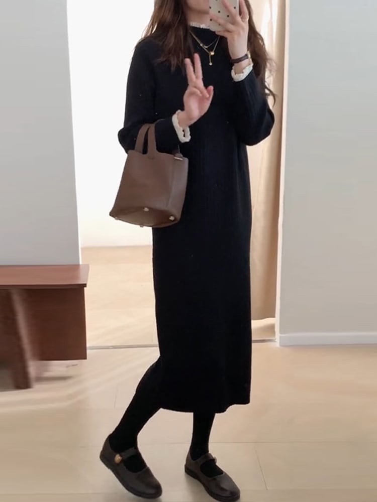 ハイネック黒ニットワンピース子供秋と冬の底のジャンパーロングドレスシニア感覚内の新しいコート