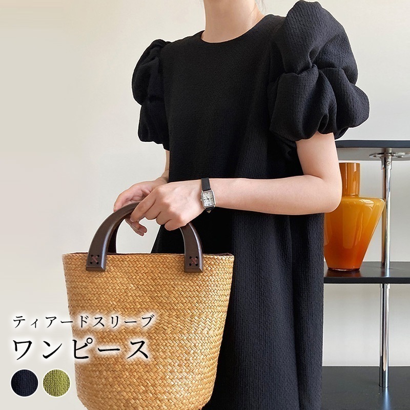 ワンピース ティアード スリーブ レディース 夏 きれいめ おしゃれ 半袖 Iライン クルーネック ボタン バックスリット 凹凸 エンボス 黒 薄手 伸縮性 ストレッチ 上品 フェミニン お呼ばれ パ 5,735円