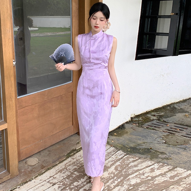 【許大晴 紫苑 新中式 淡雅 シフォン ジャガード チーパオワンピース 女性用 ハイウエスト スリム見え ロング】