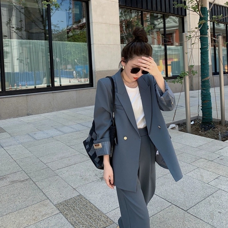 レディース セットアップ スーツ ブラウン グレー ブルー オフィス 2点セット パンツスーツ-412