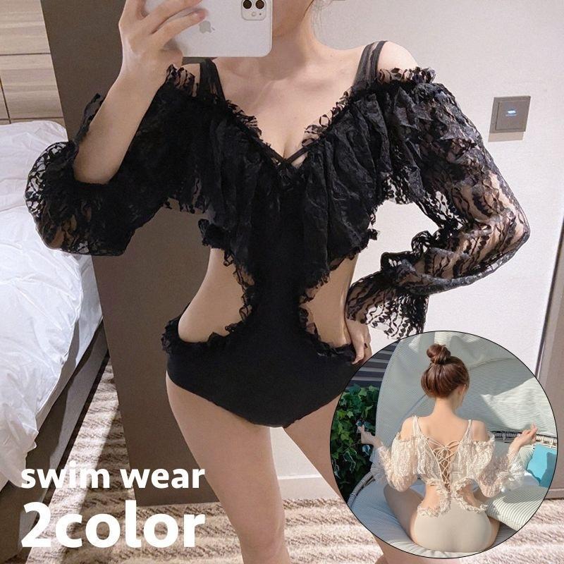 水着 ワンピースタイプ レディース 女性 スイムウェア 長袖 ベルスリーブ オフショルダー レース レースアップ お腹見せ シンプル お洒落