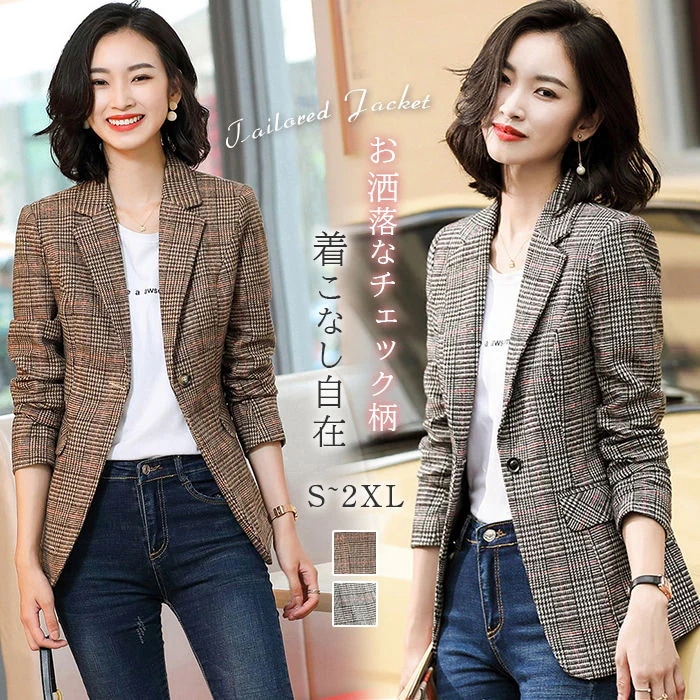 テーラードジャケット レディース チェック柄 ジャケット 着痩せ スーツ テーラード フォーマル アウター トップス ボタン 春 秋 冬 コート 長袖 スーツジャケット 可愛い ロング丈 羽織り 通