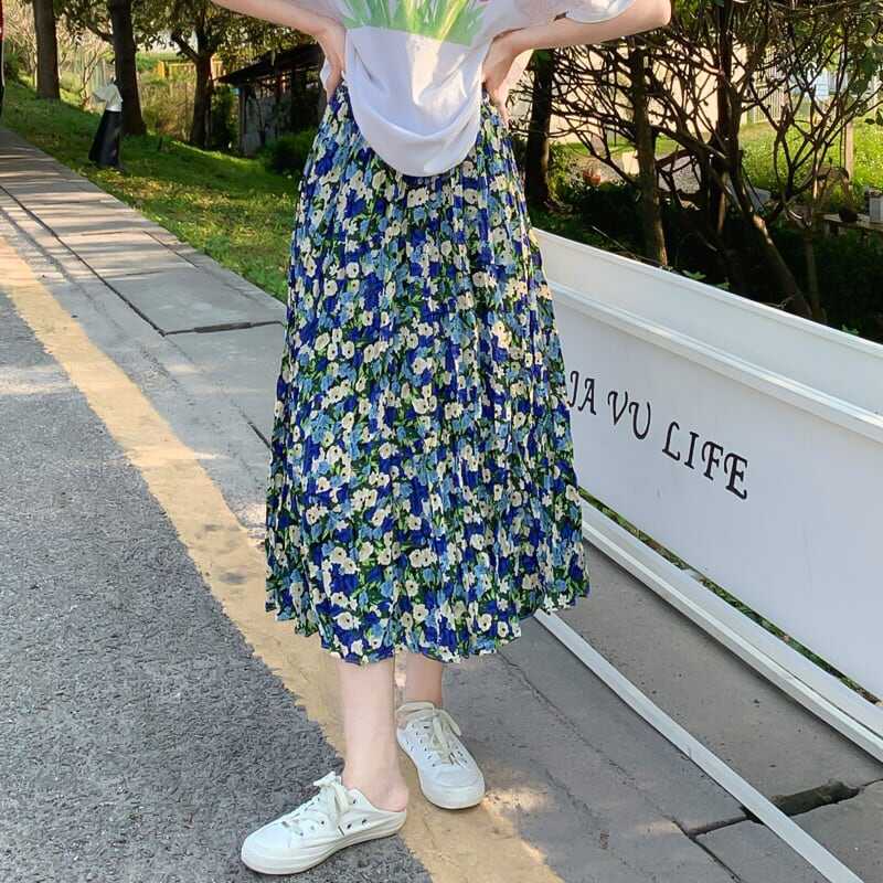 スカート ボトムス ミモレ丈 フレア プリーツ 小花柄 ビビットカラー フラワー フローラル バイカラー ボタニカル ウエストゴム ボリューム モード ハイウエスト ワイド ゆったり lbot0064